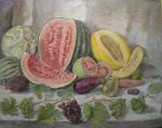 Натюрморт с арбузом и овощами.